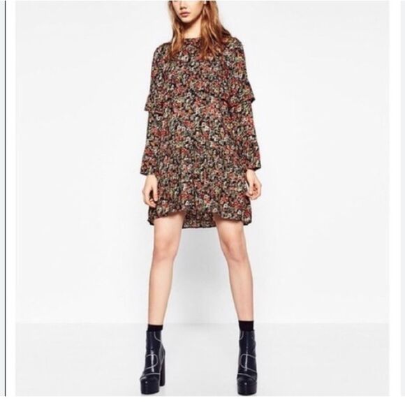 Zara Trafaluc Collection Black Floral Boho Tiered Ruffle Fall Tunic Mini Dress - Picture 2 of 16